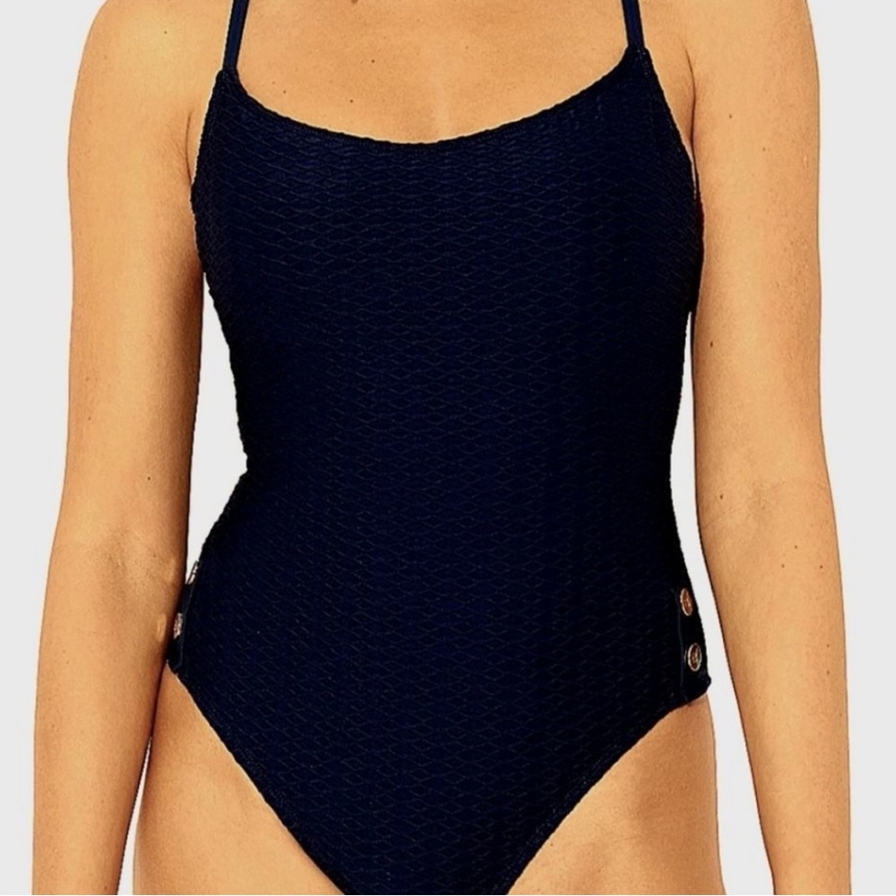 Bleu Rod Beattie Black Textured Underwire Gold button 1 Piece Swimsuit size 8